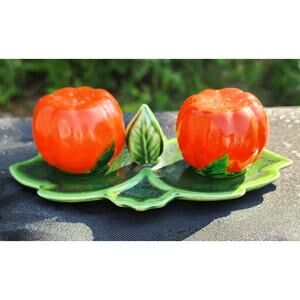 Tomato Salt and Pepper Shakers with Leaf Base small chip. Japan
